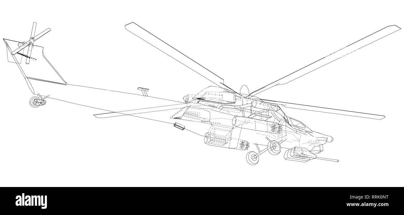 Elicottero. Creato illustrazione di 3d. Filo-stile di cornice. Gli strati di visibile e invisibile di linee sono separate. Illustrazione Vettoriale