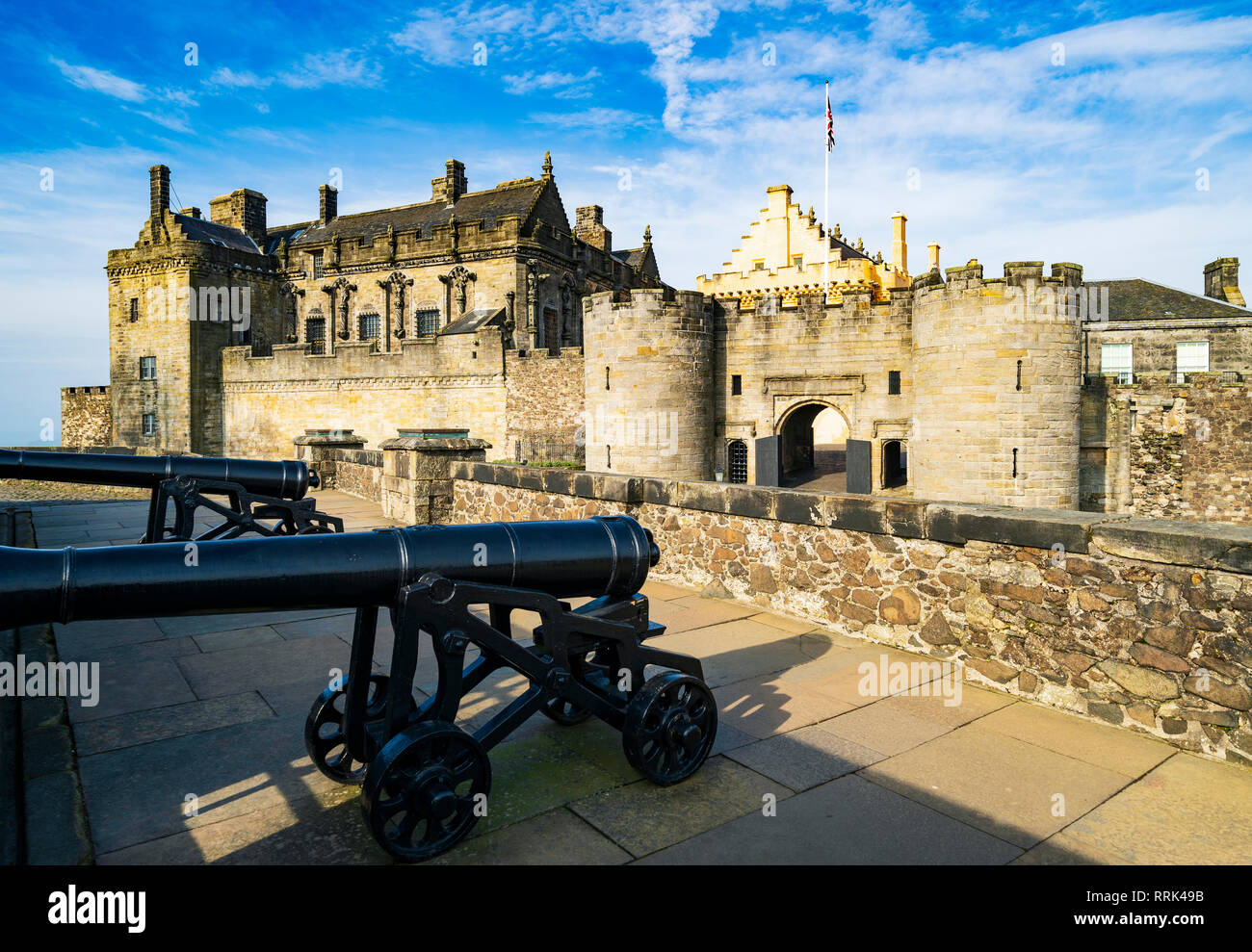 Canoni sui bastioni del Castello di Stirling in Stirling , Scozia, Regno Unito Foto Stock