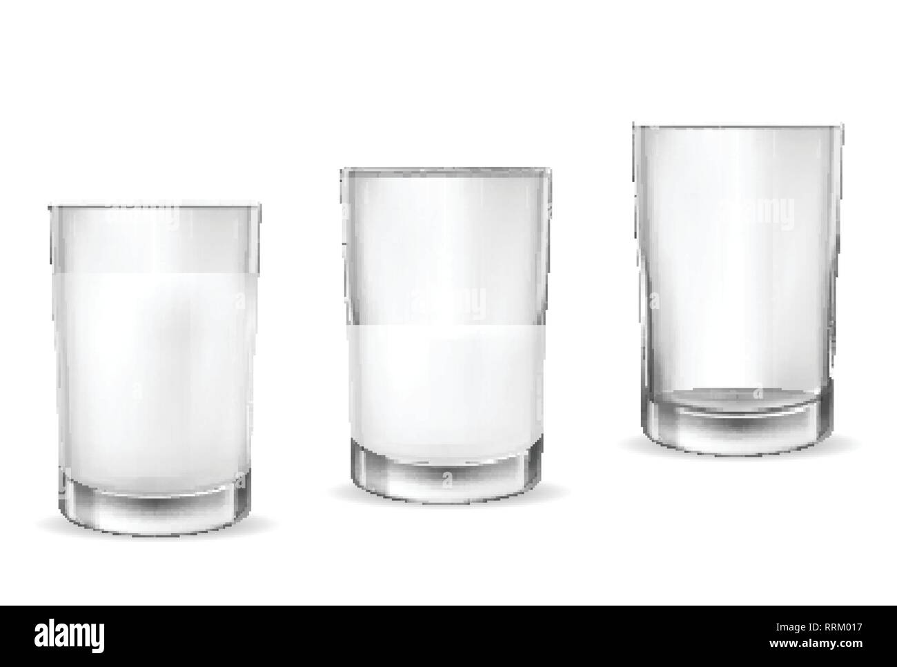 Set di vettore realistico di vetro trasparente bicchieri vuoti, mezzo pieno e pieno di latte, prodotti lattiero-caseari, yogurt, kefir, cocktail di proteine. Stampa, modello, Illustrazione Vettoriale