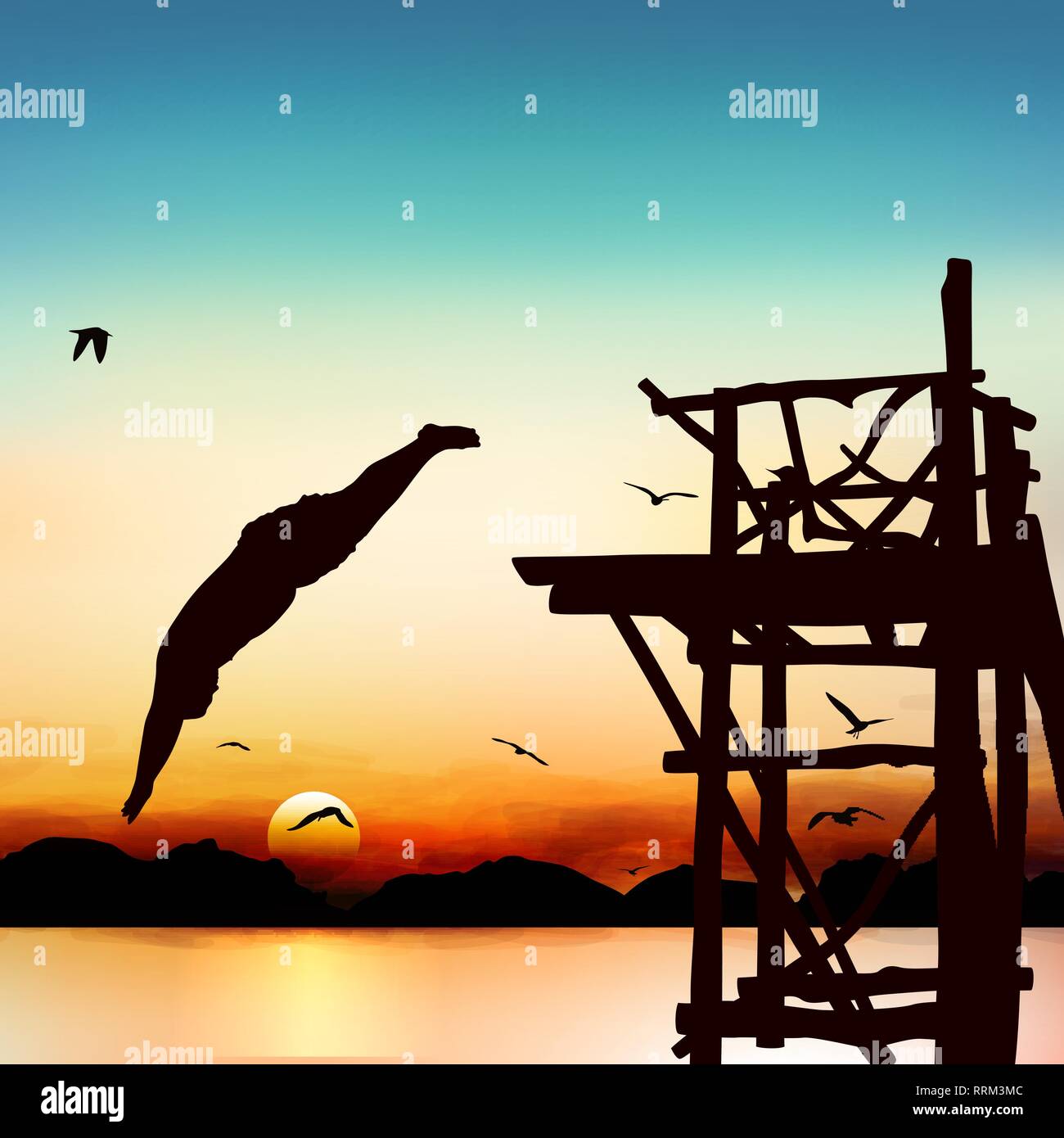 Silhouette e saltando l uomo nel crepuscolo con il blu del cielo. Illustrazione Vettoriale