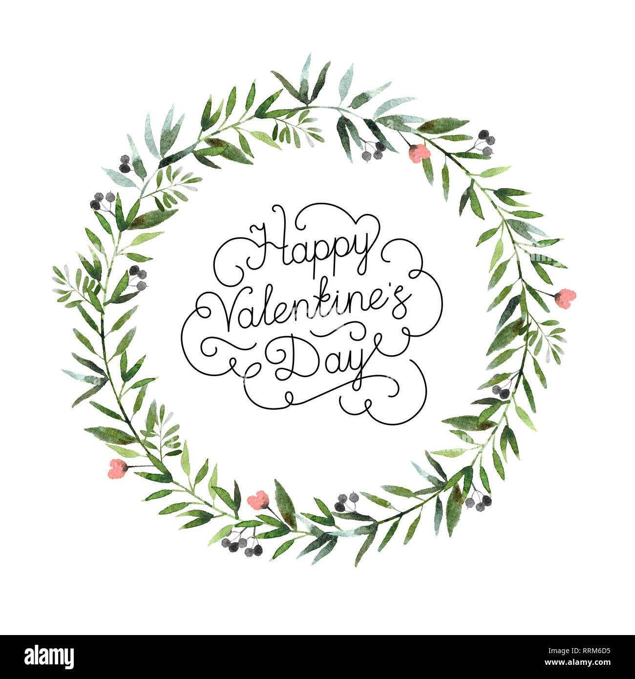 Bella corona ad acquerello con buon San Valentino iscrizione isolati su sfondo bianco. Round ghirlanda floreale per la progettazione, cartoline, banner, e Foto Stock