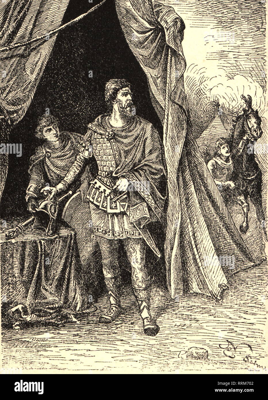 Belisarius (Flavius Belisarius), circa 505 - 13.3.565, Orientale il generale romano di intera lunghezza, davanti alla sua tenda, incisione su legno, seconda metà del XIX secolo, Additional-Rights-Clearance-Info-Not-Available Foto Stock