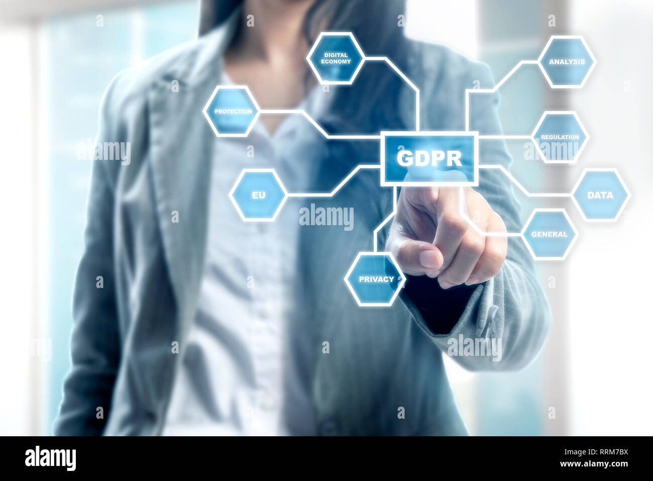 Mano di business donna puntando verso il PILR pulsante con struttura di protezione su schermo virtuale. Cyber sicurezza e privacy. Dati generali Protezione Regula Foto Stock