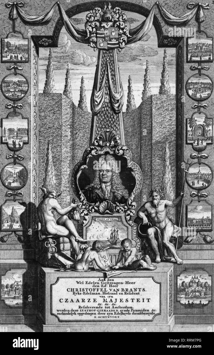 Brants, Christoffel van, 1664 - 1732, commerciante olandese, ambasciatore dello zar Pietro I in Amsterdam, ritratto su un'allegorica incisione su rame di J. Ruyter, XVIII secolo, Additional-Rights-Clearance-Info-Not-Available Foto Stock