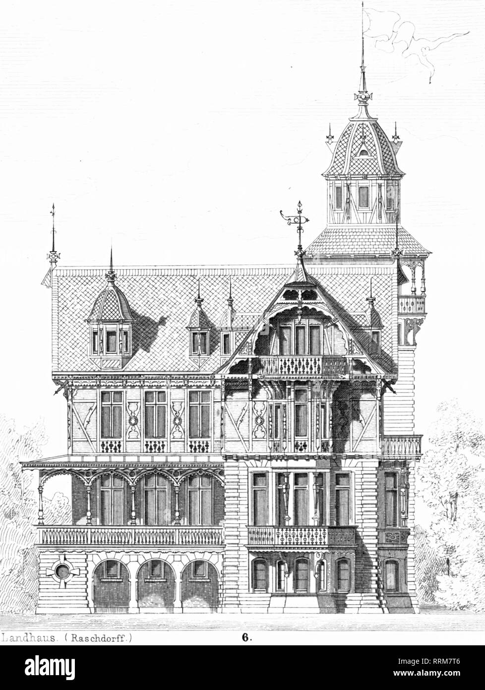 Raschdorff, Julius Carl, 2.7.1823 - 13.8.1914, architetto tedesco, lavoro, country house, illustrazione da 'Denkmaeler der Kunst" (monumenti d'arte), da Wilhelm Luebke e Carl von Luetzow, terza edizione, Stuttgart 1879, volume 2, capitolo su architettura, piastra LX, acciaio incisione, Additional-Rights-Clearance-Info-Not-Available Foto Stock