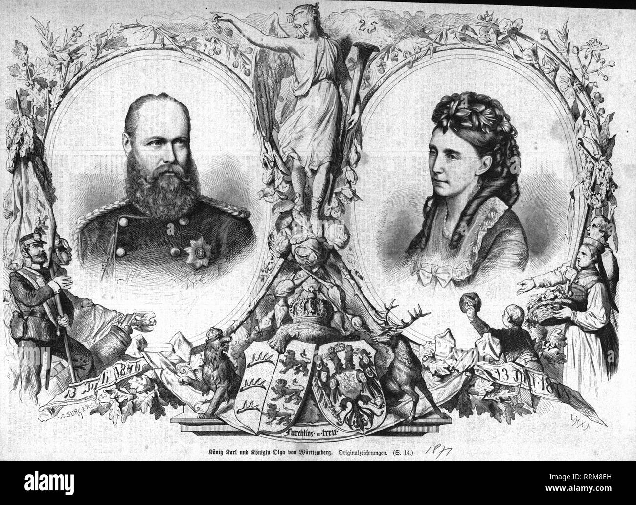Charles I, 6.3.1823 - 6.10.1891, Re del Württemberg 1864 - 1891, ritratto, con la moglie Olga, incisione su legno, realizzata in occasione del loro venticinquesimo anniversario di matrimonio su 13.7.1871, Additional-Rights-Clearance-Info-Not-Available Foto Stock