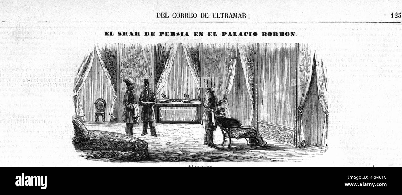 Nasser-al-Din Shah, 16.7.1831 - 1.5.1896, scià di Persia 1848 - 1896, il suo palazzo, vista interna, boudoir, incisione su legno, 1873, Additional-Rights-Clearance-Info-Not-Available Foto Stock