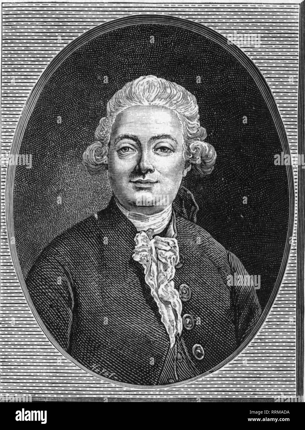 La Harpe, Jean-Francois de, 20.11.1739 - 11.2.1803, il critico francese e autore / scrittore, ritratto, incisione su rame, XVIII secolo, Additional-Rights-Clearance-Info-Not-Available Foto Stock