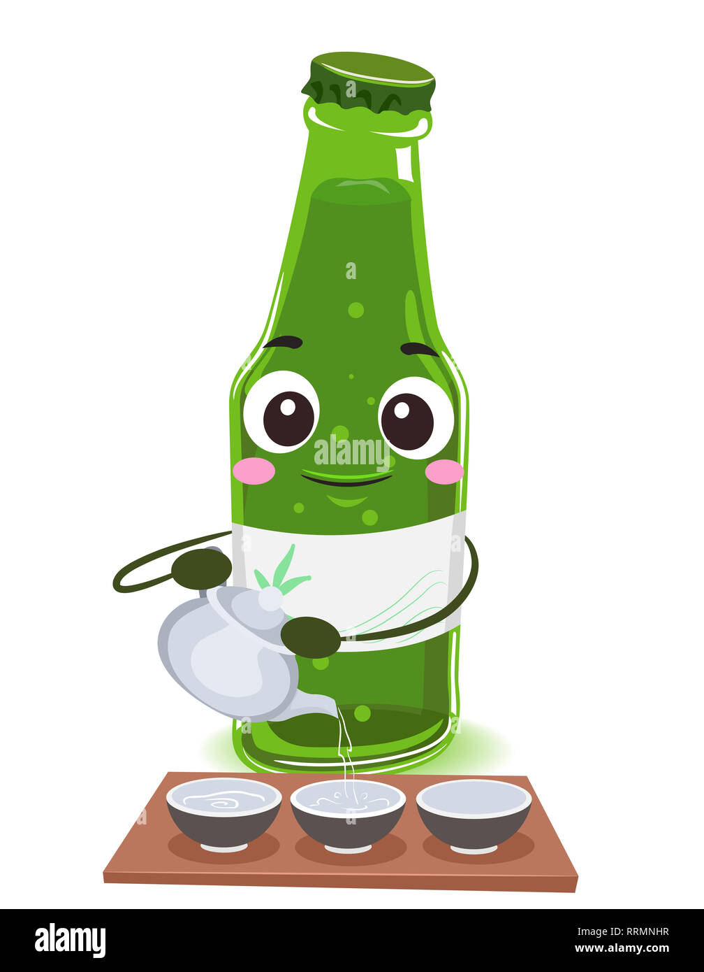 Illustrazione di una bottiglia di Soju mascotte tenendo un bollitore mescita di bevande sul piccolo campo di bocce Foto Stock