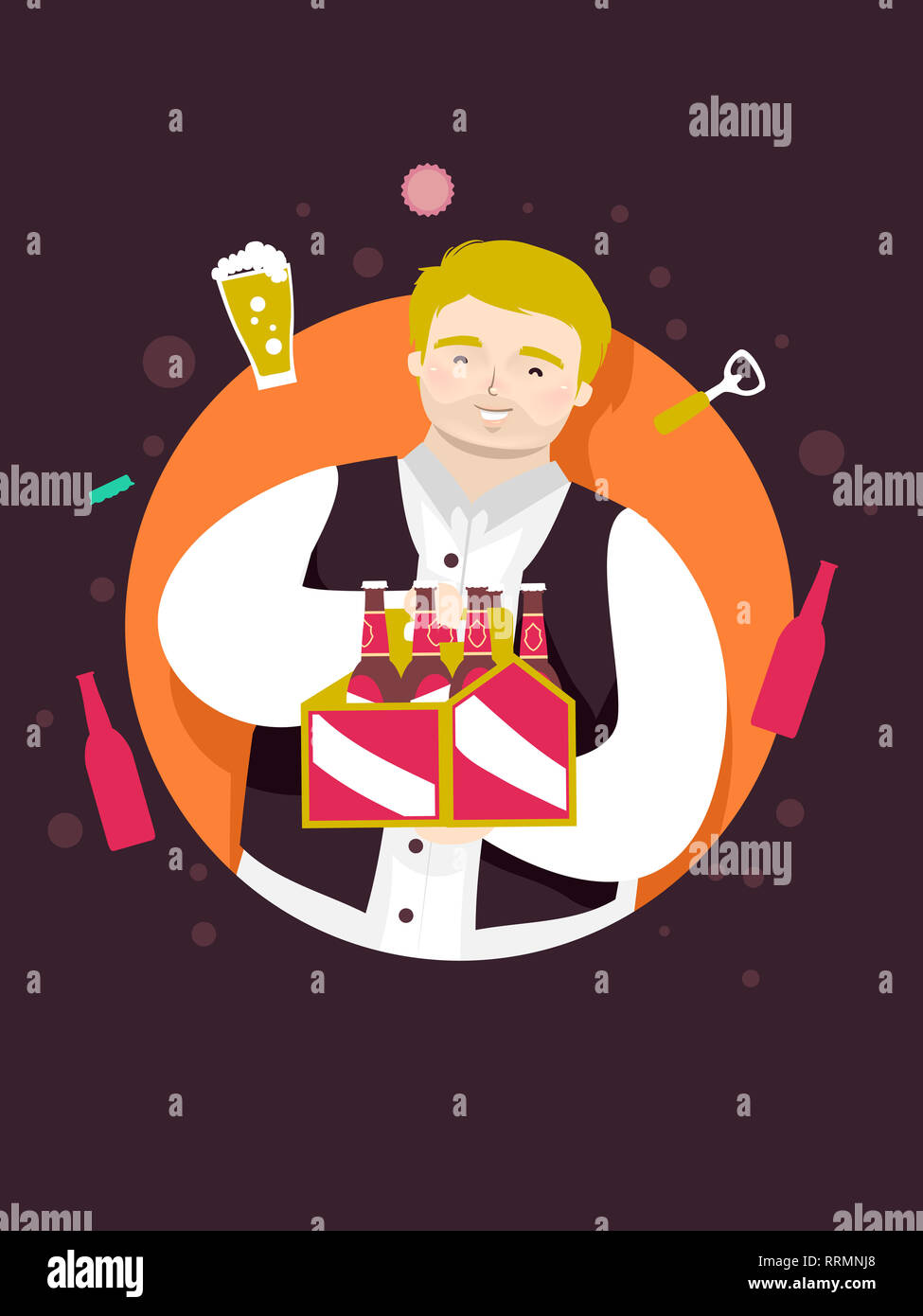 Illustrazione di un grande uomo che porta un pacco di birra in bottiglie di vetro e tappo di bottiglia assolcatore Foto Stock