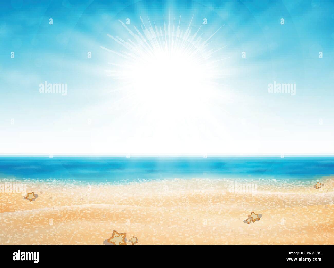 Estate spiaggia vista di sun burst con cielo blu sullo sfondo. La decorazione per viaggiare nel tempo della natura. È possibile utilizzare per inserzione, poster, stampare illustrazioni. illustra Illustrazione Vettoriale