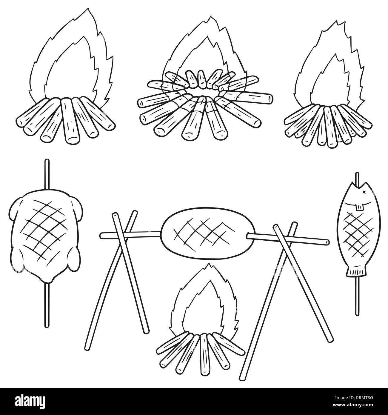 Set di vettore di falò e cibo alla griglia Illustrazione Vettoriale