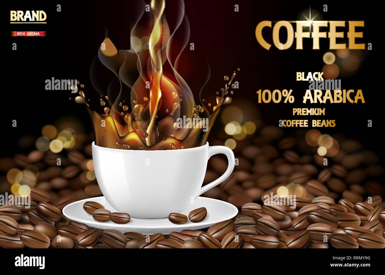 Nero Arabica Coffee Cup con spruzzi e fagioli annunci. 3d illustrazione di arabica calda tazza da caffè. Il design del prodotto. Vettore Illustrazione Vettoriale