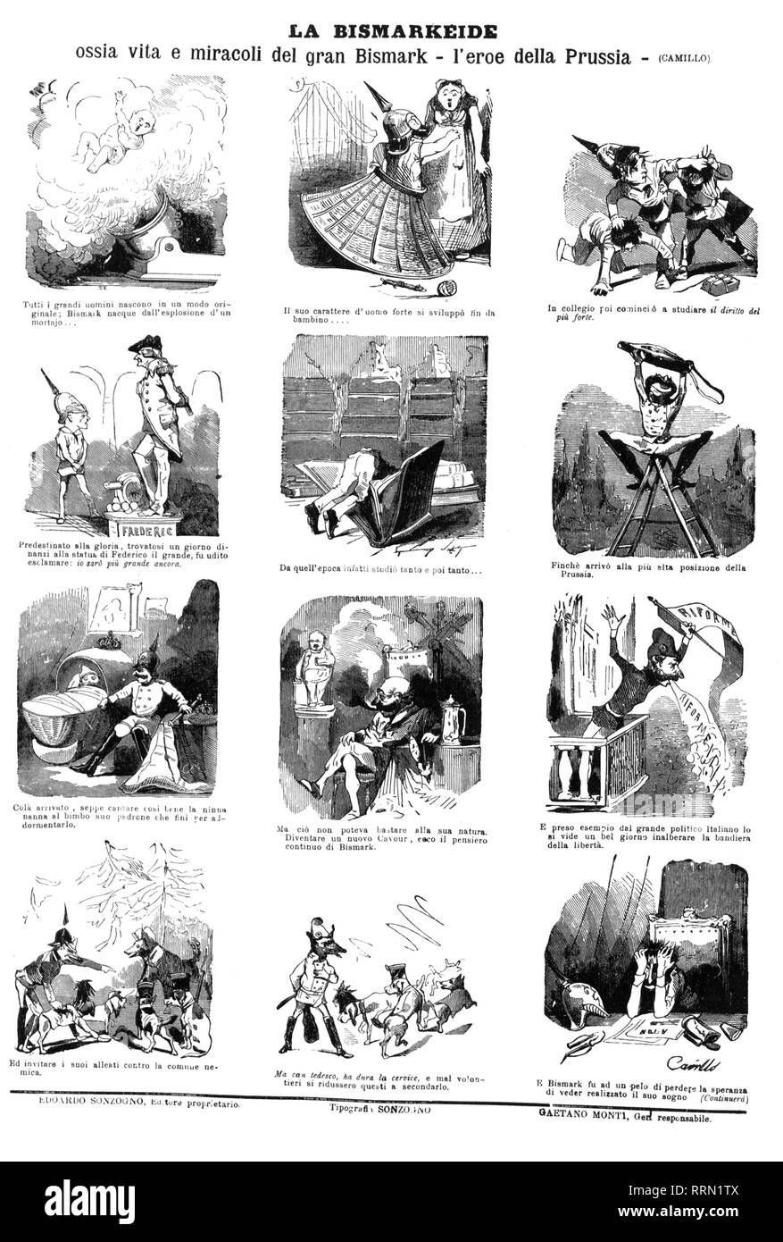 Bismarck Otto von, 1.4.1815 - 30.7.1898, uomo politico tedesco, caricatura, disegno di Camillo, "Lo Spirito Folletto", Milano, 10.5.1866, pagina 1, Additional-Rights-Clearance-Info-Not-Available Foto Stock