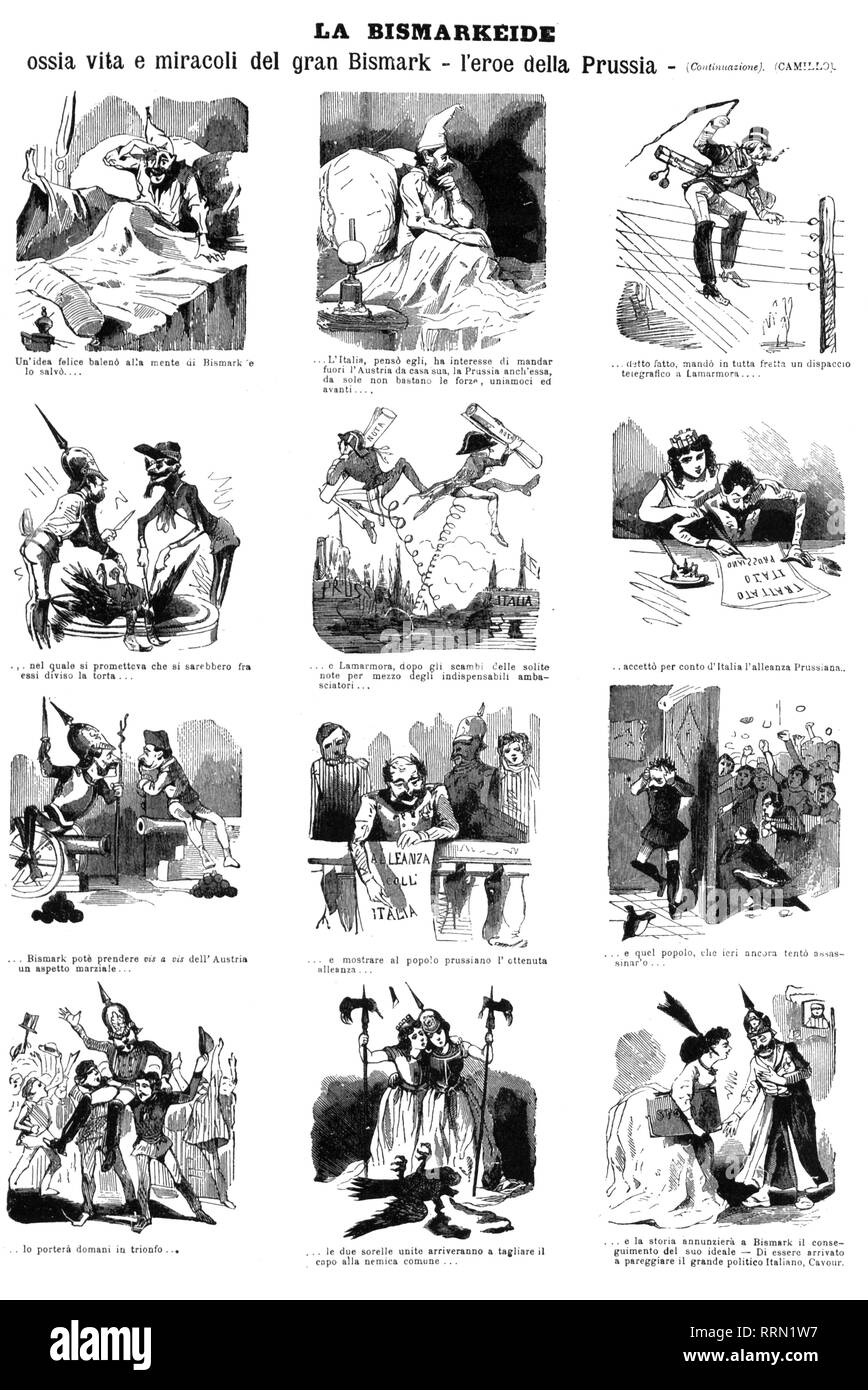 Bismarck Otto von, 1.4.1815 - 30.7.1898, uomo politico tedesco, caricatura, disegno di Camillo, "Lo Spirito Folletto", Milano, 10.5.1866, pagina 2, Additional-Rights-Clearance-Info-Not-Available Foto Stock