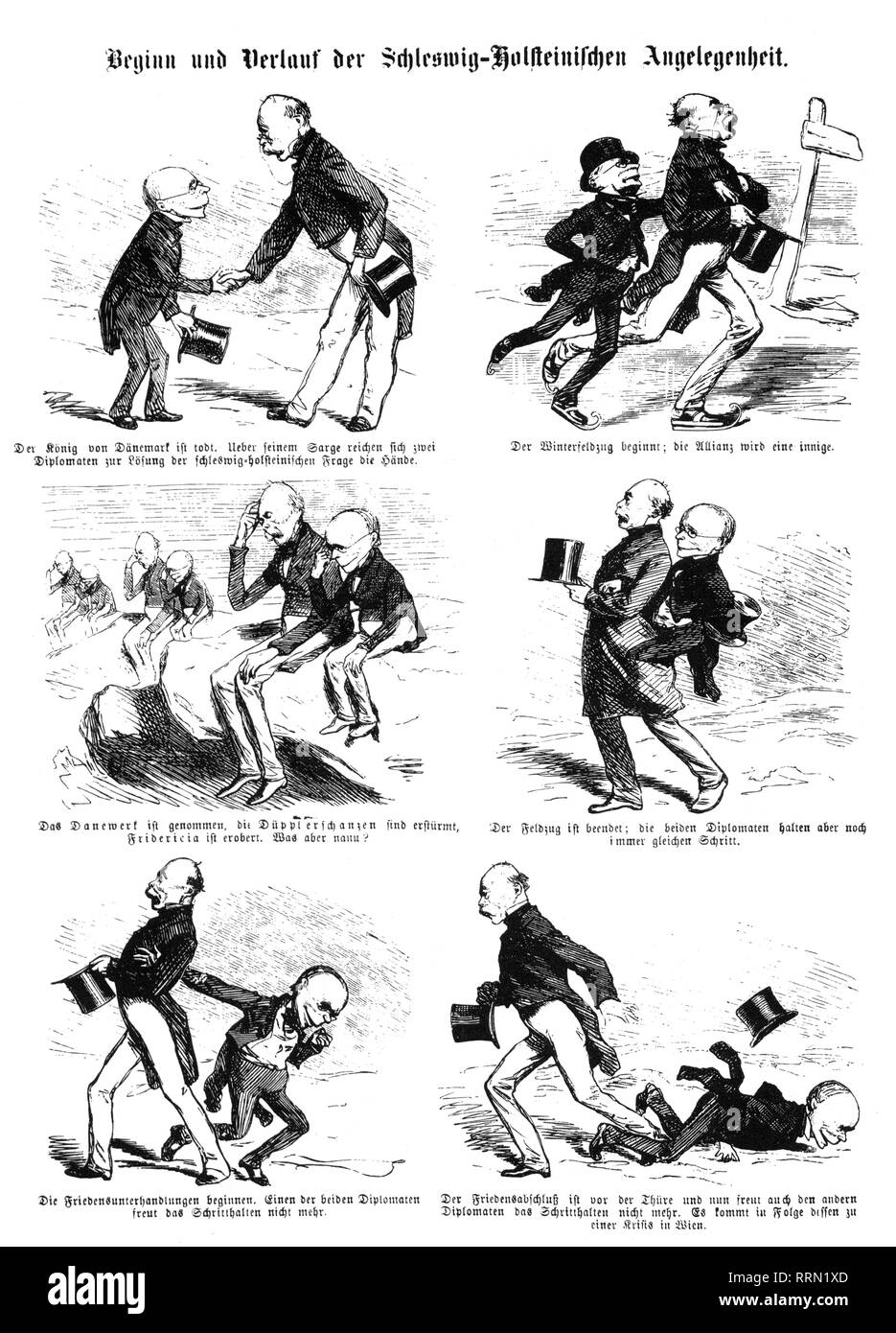 Bismarck Otto von, 1.4.1815 - 30.7.1898, uomo politico tedesco, caricatura, 'Inizio e svolgimento del Schleswig Holstein esteri", disegno, Vienna, "Figaro", ottobre 1864, Additional-Rights-Clearance-Info-Not-Available Foto Stock