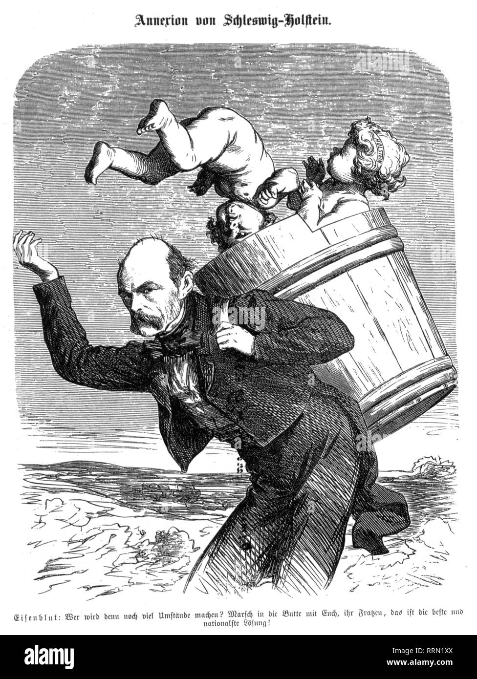 Bismarck Otto von, 1.4.1815 - 30.7.1898, uomo politico tedesco, caricatura, 'l'annessione di Schleswig-Holstein", disegno, "Figaro", Vienna, giugno 1864, Additional-Rights-Clearance-Info-Not-Available Foto Stock