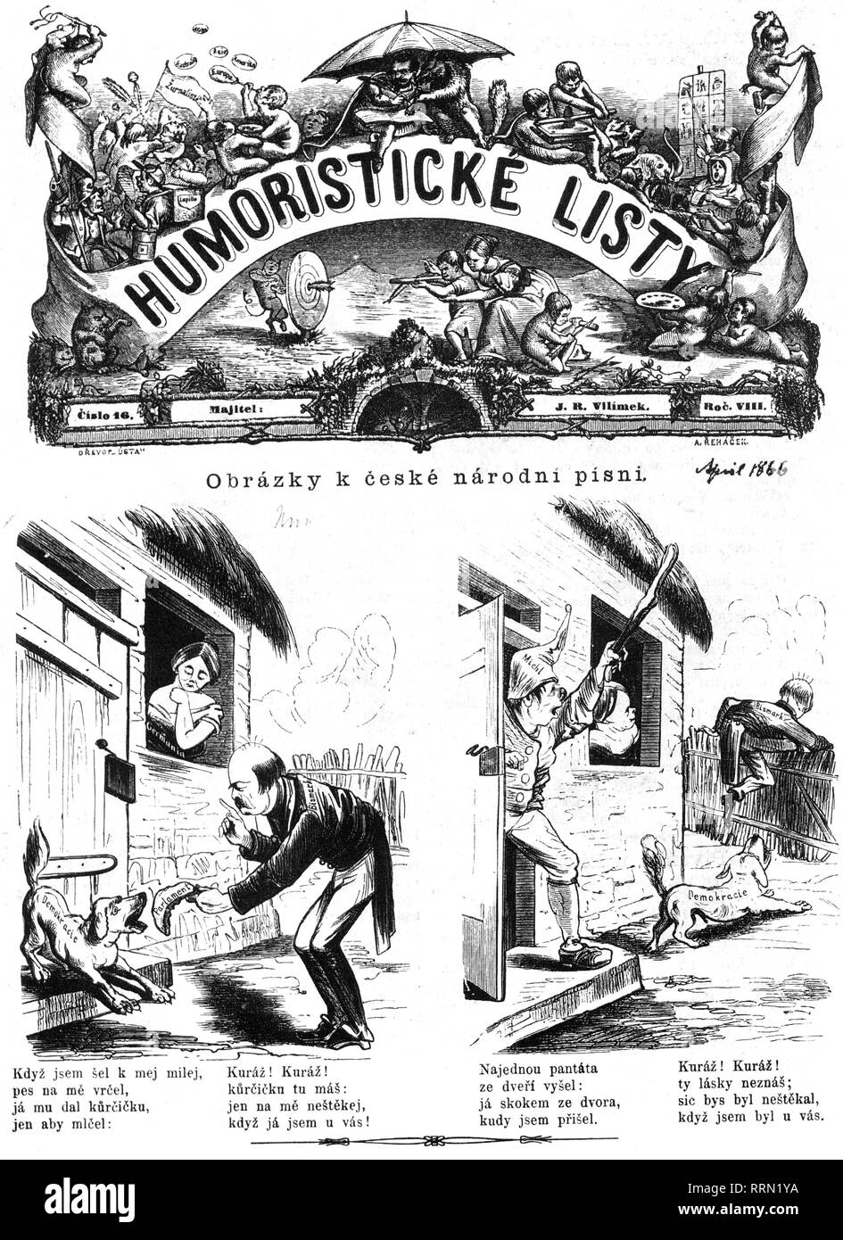 Bismarck Otto von, 1.4.1815 - 30.7.1898, uomo politico tedesco, caricatura, 'Foto di inno nazionale ceco', disegno, 'Humoristicke Listy', Praga, aprile 1866, Additional-Rights-Clearance-Info-Not-Available Foto Stock