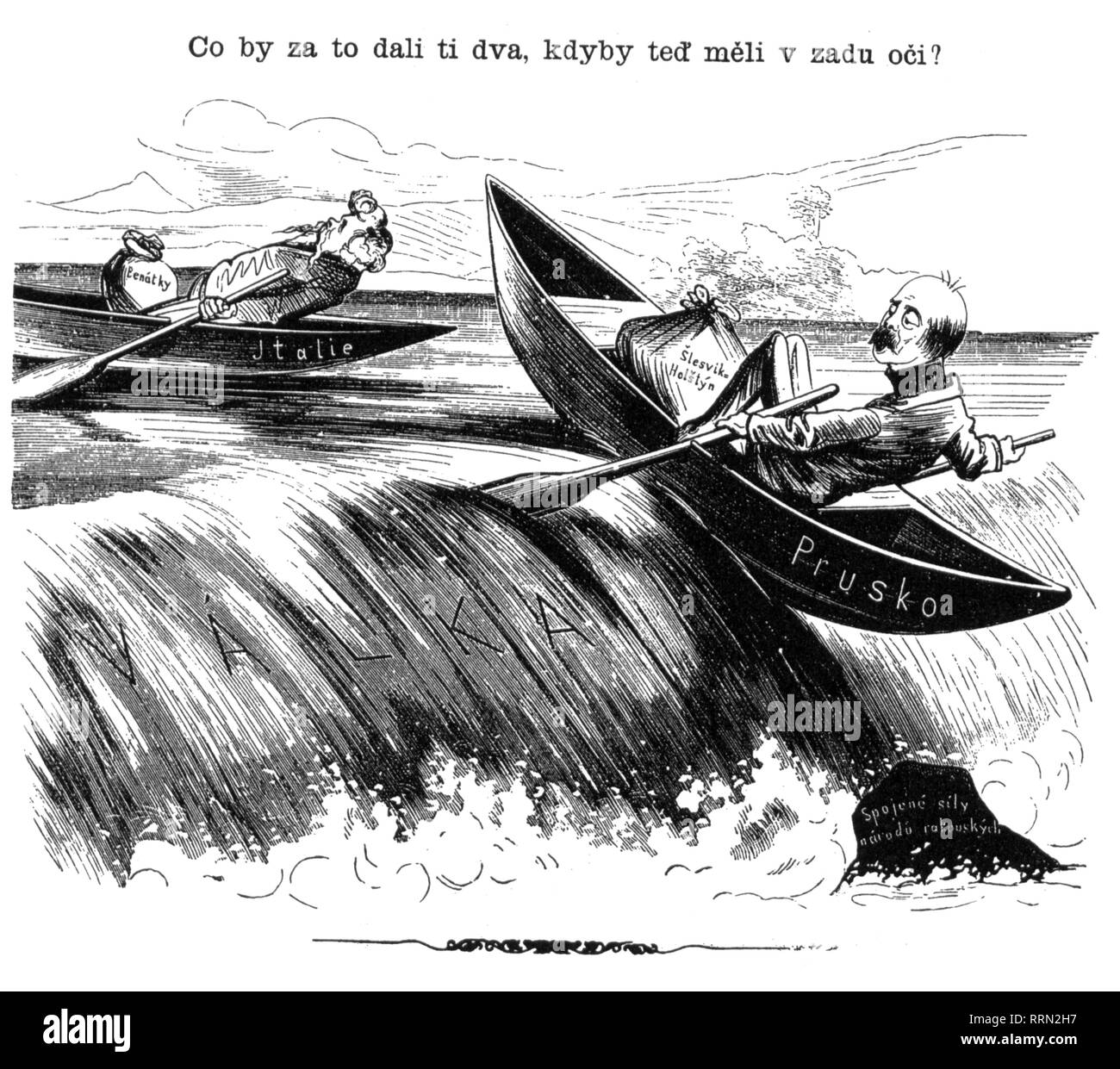Bismarck Otto von, 1.4.1815 - 30.7.1898, uomo politico tedesco, caricatura, le due imbarcazioni " Italia " e " la Prussia' floating verso la rapida 'guerra', 'Che cosa avrebbero entrambe danno se avevano gli occhi sulla schiena ora?', disegno, 'Humoristicke Listy', Praga, maggio 1866, Additional-Rights-Clearance-Info-Not-Available Foto Stock