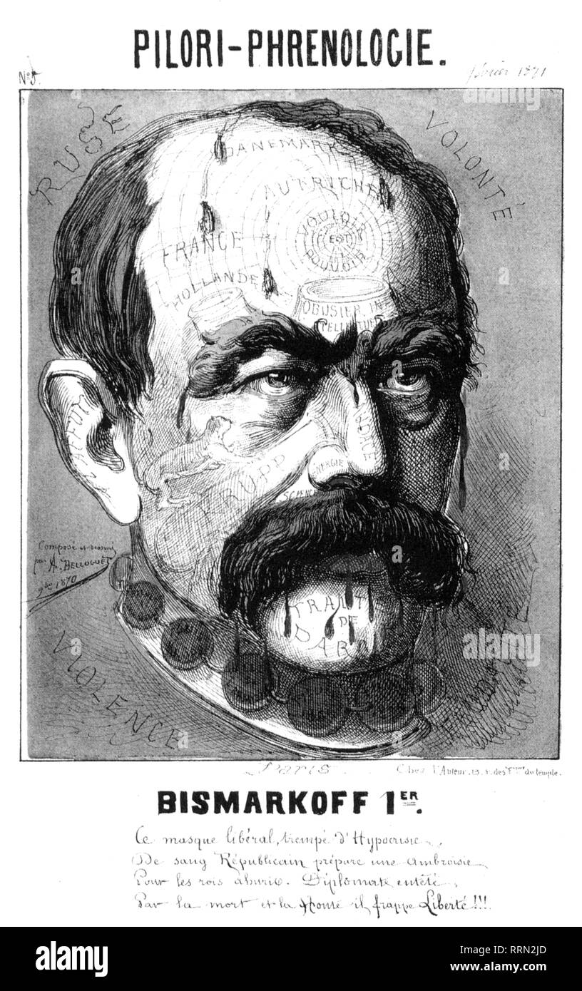 Bismarck Otto von, 1.4.1815 - 30.7.1898, uomo politico tedesco, caricatura, 'Bismarckoff I", serie 'Phrenology di gogna' da A. Belloguet, broadsheet, novembre 1870, Additional-Rights-Clearance-Info-Not-Available Foto Stock