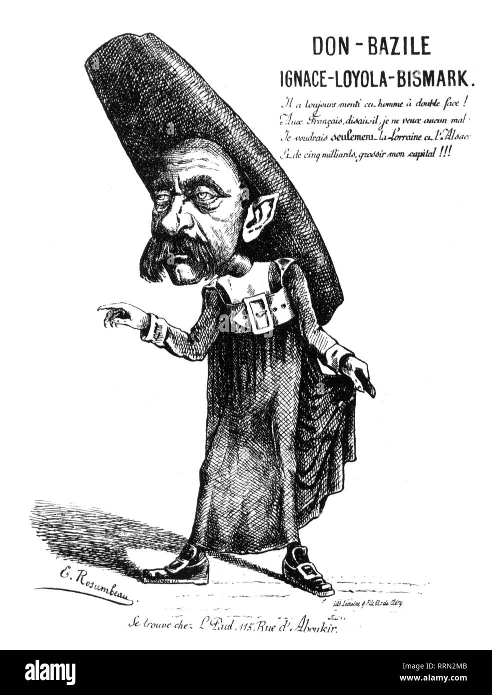 Bismarck Otto von, 1.4.1815 - 30.7.1898, uomo politico tedesco, caricatura, come il gesuita, 'Don-Bazile, Ignace-Loyola-Bismark', disegno da Rosambeau, broadsheet, "Actualités", Parigi, febbraio 1871, Additional-Rights-Clearance-Info-Not-Available Foto Stock