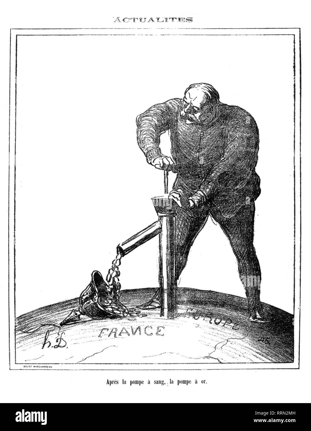 Bismarck Otto von, 1.4.1815 - 30.7.1898, uomo politico tedesco, caricatura, preme la guerra il risarcimento dalla Francia, "dopo la pompa del sangue la pompa d'oro", disegno di Honore Daumier, 'Le Charivari", Parigi, 26.10.1871, Additional-Rights-Clearance-Info-Not-Available Foto Stock