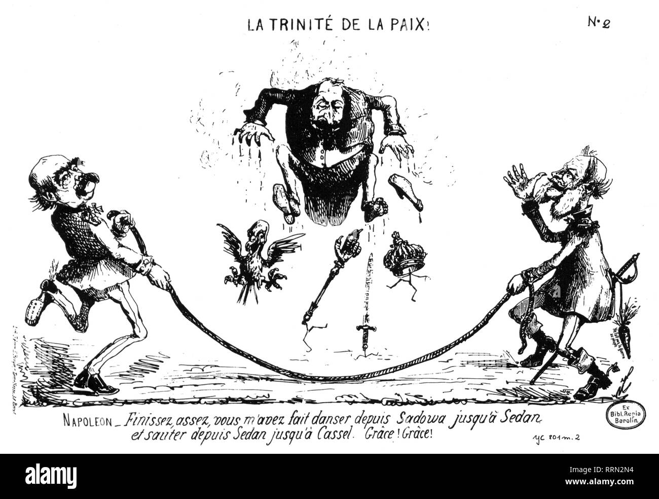 Napoleone III, 20.4.1808 - 9.1.1873, l'imperatore francese - 2.12.1852 2.9.1870, caricatura, Otto von Bismarck e re Guglielmo I. fargli salto con la corda, 'Trinità di pace", broadsheet, Bruxelles, fine 1870, Additional-Rights-Clearance-Info-Not-Available Foto Stock