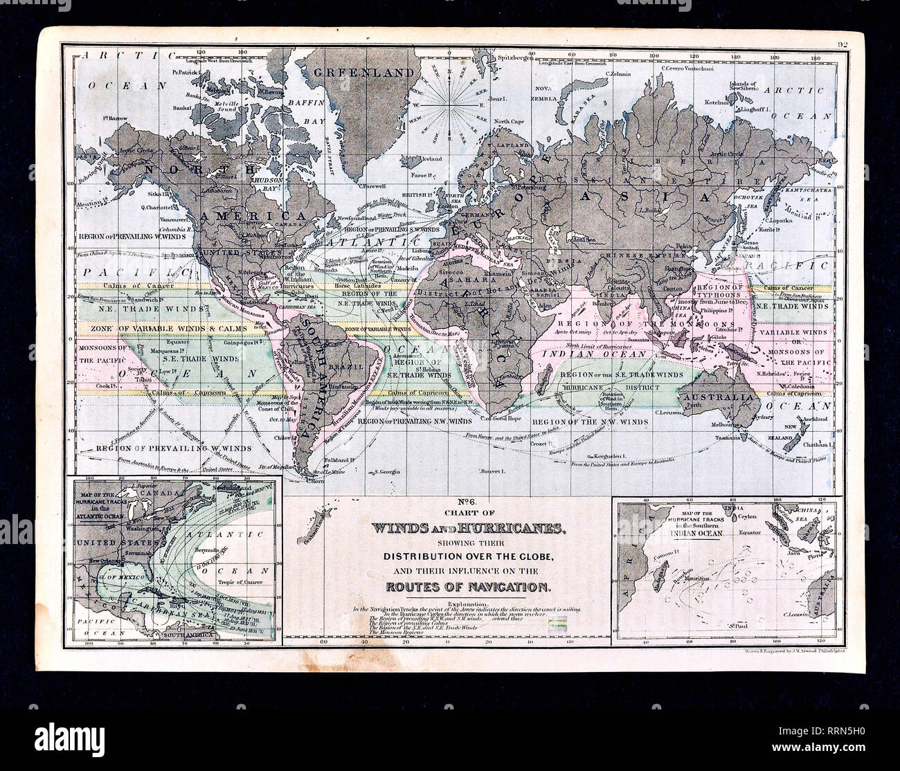 1868 Mitchell mappa meteorologica del mondo che mostra i venti e gli uragani e la loro influenza sulle rotte di navigazione Foto Stock