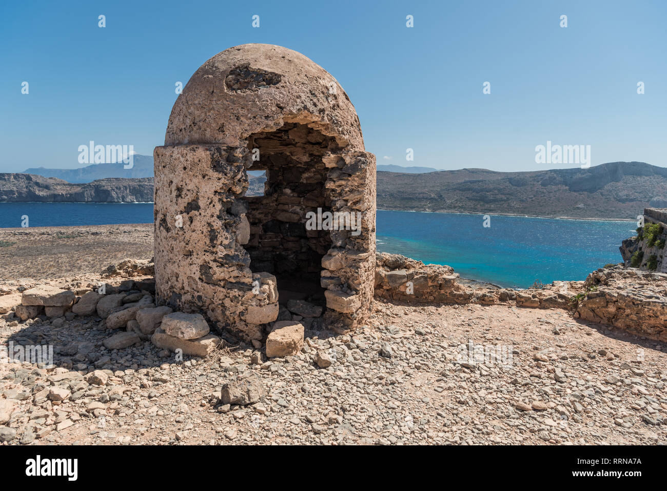 La rovina di sightseeing tower da fort Gramvousa Foto Stock