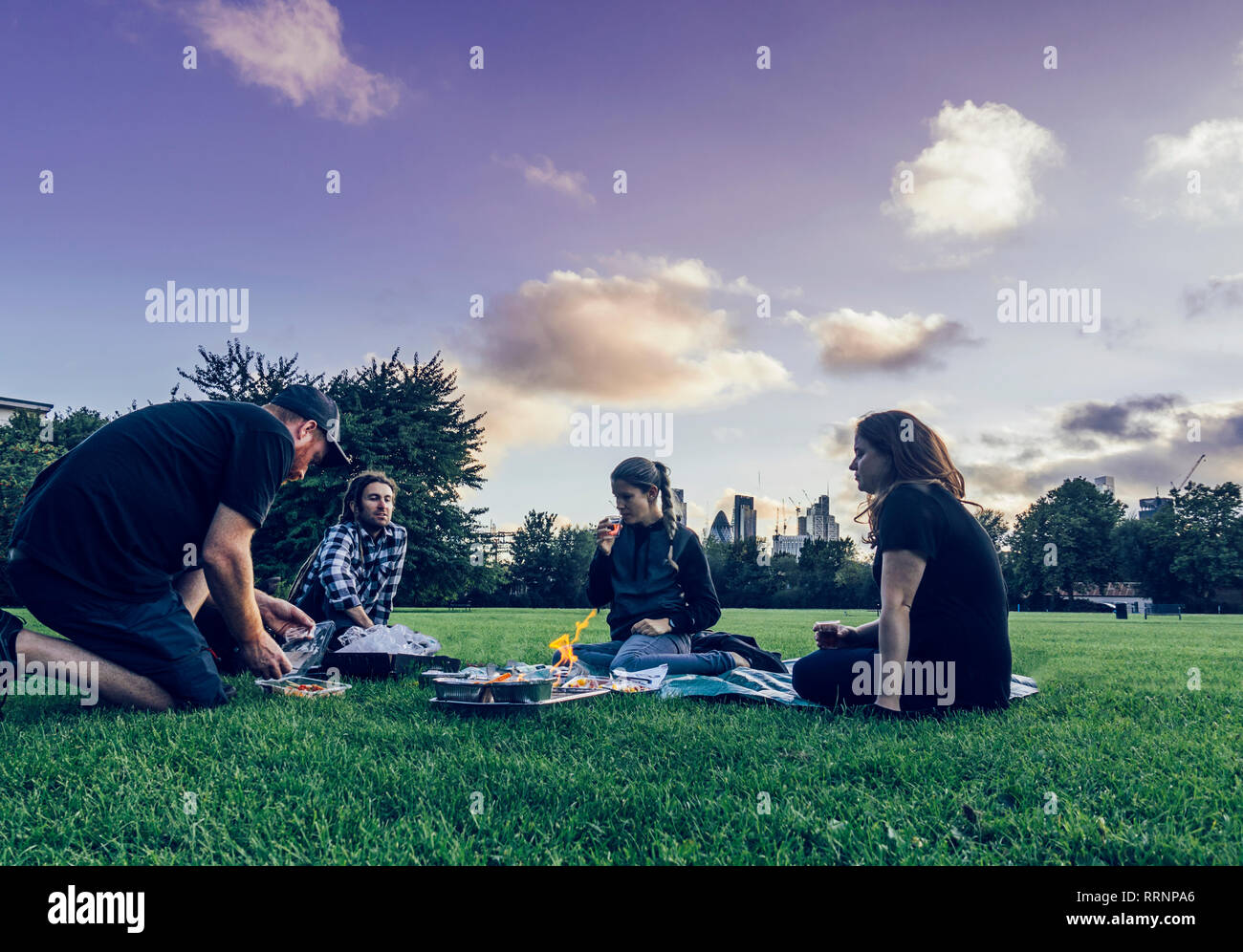 Gli amici sorseggiando picnic nel parco Foto Stock