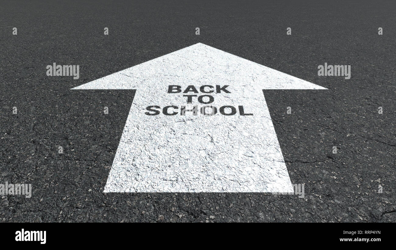 Segno di freccia su asfalto si torna a scuola, rendering 3D Foto Stock