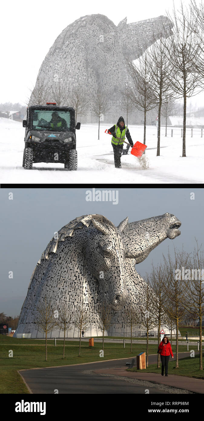 Foto composito della Kelpies nella elica Park, Falkirk su 28/02/18 (superiore), durante la Bestia da Est e la stessa vista su 26/02/18, come la Gran Bretagna sperimentato i record di temperature dopo martedì è diventato il più caldo giorno d'inverno sul record. Foto Stock