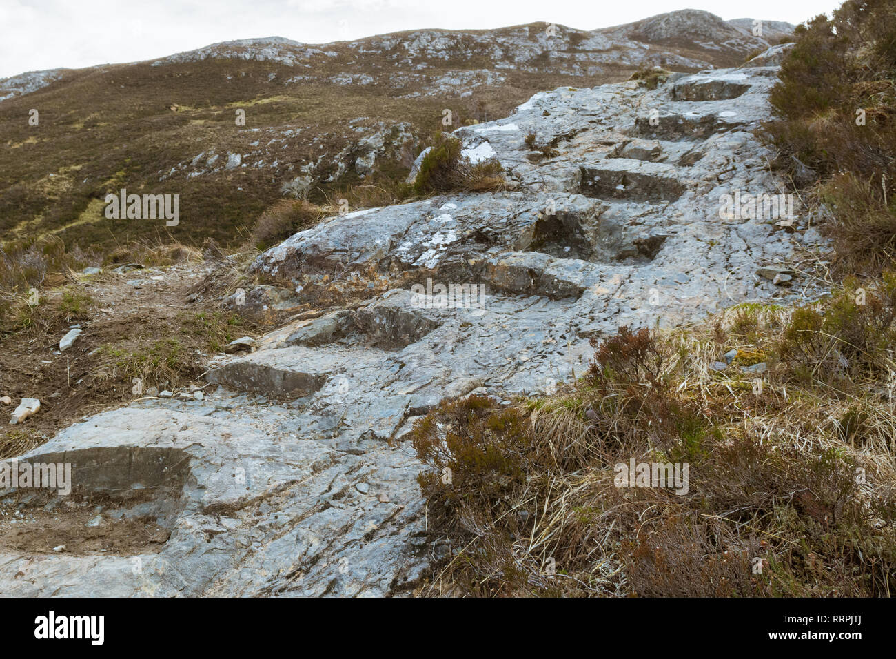 Gradini tagliati nella roccia su Beinn Eighe Mountain Trail, Beinn Eighe Riserva Naturale Nazionale, West Ross, Highlands, Scotland, Regno Unito Foto Stock