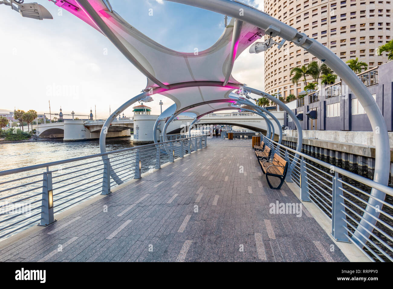 Tampa Riverwalk un sentiero pedonale lungo il fiume Hillsborough in downtown Tampa, Florida. Foto Stock