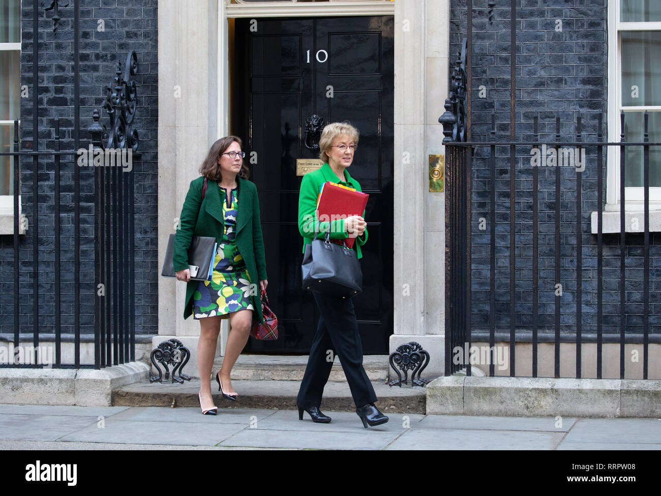 Londra, Regno Unito. 26 Febbraio, 2019. Andrea Leadsom, leader della House of Commons, signore Presidente del Consiglio, e Rt Hon La Baronessa Evans di Bowes Park, leader della House of Lords, signore Privy Seal lasciare Downing Street dopo il settimanale riunione del gabinetto. Credito: Tommy Londra/Alamy Live News Foto Stock