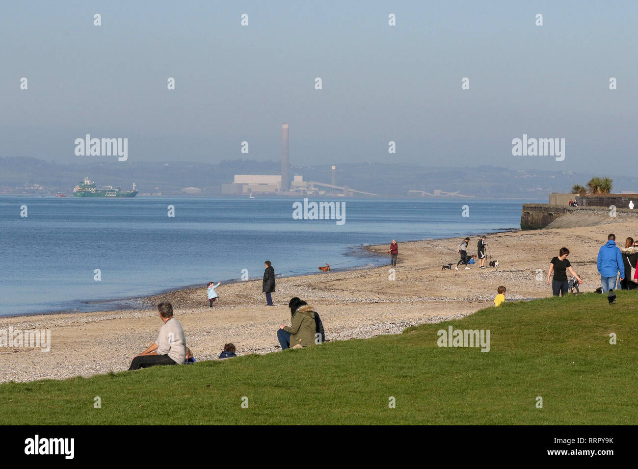 Holywood, County Down, Irlanda del Nord. 26 febbraio 2019. Tempo del Regno Unito - il sole glorioso sulla costa di Belfast Lough a Holywood. Un sacco di persone che si prende in questo eccezionale tempo tardo invernale con temperature intorno a 16 C. Credit: David Hunter/Alamy Live News. Foto Stock