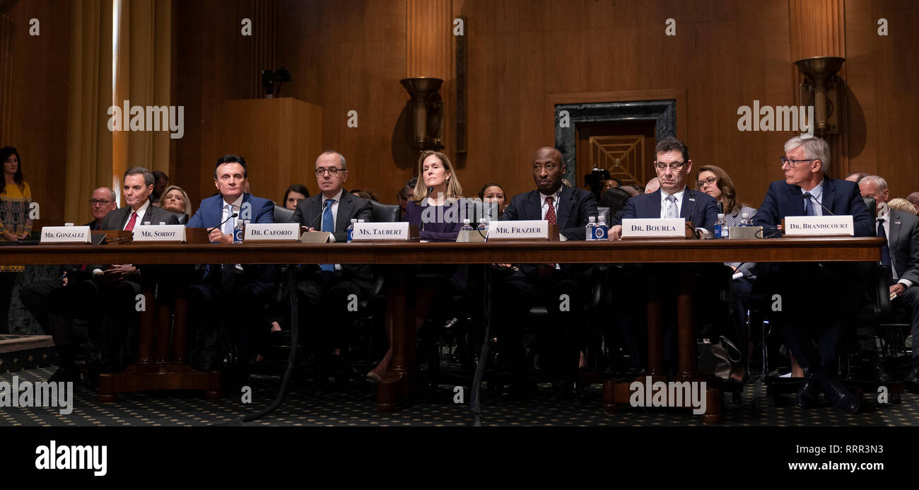 Richard R. Gonzalez, Presidente e Chief Executive Officer di AbbVie Inc. (L), Pascal Soriot, Direttore Esecutivo e Chief Executive Officer di AstraZeneca(2 L), Giovanni Caforio, M.D., presidente del consiglio di amministrazione e Chief Executive Officer di Bristol Myers Squibb Co. (3 L) Jennifer Taubert, Executive Vice President della divisione Worldwide Presidente, Janssen Pharmaceuticals Johnson & Johnson (C), C. Kenneth Frazier, Presidente e Chief Executive Officer di Merck & Co. Inc. 3 (R), Albert Bourla, DVM, Ph.D. Chief Executive Officer di Pfizer(2 R) e Olivier Brandicourt, M.D., Chief Executive Officer di Sanofi (R) vengono visualizzati Foto Stock