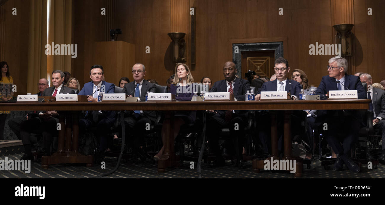 Febbraio 26, 2019 - Washington, Distretto di Columbia, Stati Uniti - Richard R. Gonzalez, Presidente e Chief Executive Officer di AbbVie Inc. (L), Pascal Soriot, Direttore Esecutivo e Chief Executive Officer di AstraZeneca(2 L), Giovanni Caforio, M.D., presidente del consiglio di amministrazione e Chief Executive Officer di Bristol Myers Squibb Co. (3 L) Jennifer Taubert, Executive Vice President della divisione Worldwide Presidente, Janssen Pharmaceuticals Johnson & Johnson.(C), C. Kenneth Frazier, Presidente e Chief Executive Officer di Merck & Co. Inc. 3 (R), Albert Bourla, DVM, Ph.D. Chief Executive Officer di Pfizer(2 R) e Olivier Foto Stock