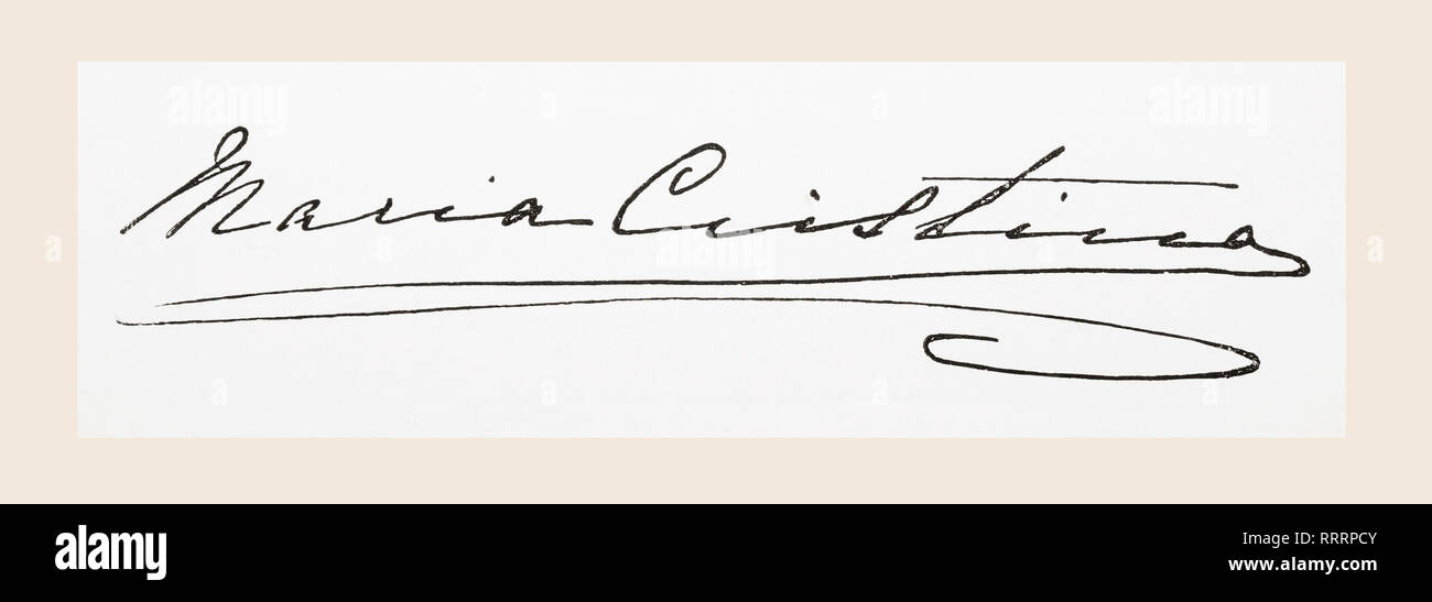 La firma di Maria Cristina Henriette Felicitas Desideria Raineria dell Austria, aka Maria Cristina d'Austria,1858 - 1929. La regina di Spagna come la seconda moglie di Re Alfonso XII. Da La Ilustracion Artistica, pubblicato 1887. Foto Stock