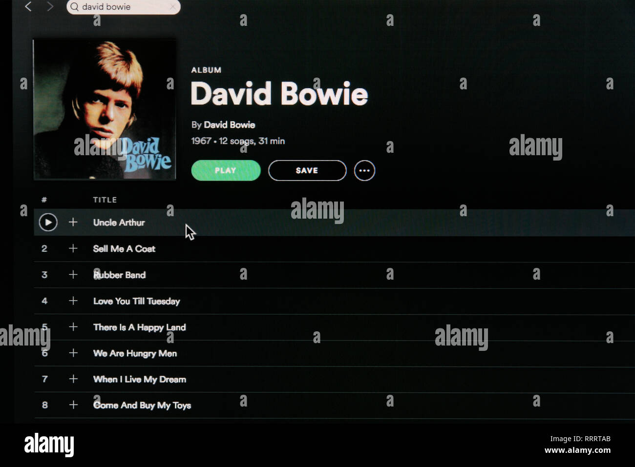 David Bowie album David Bowie Spotify pagina Foto Stock