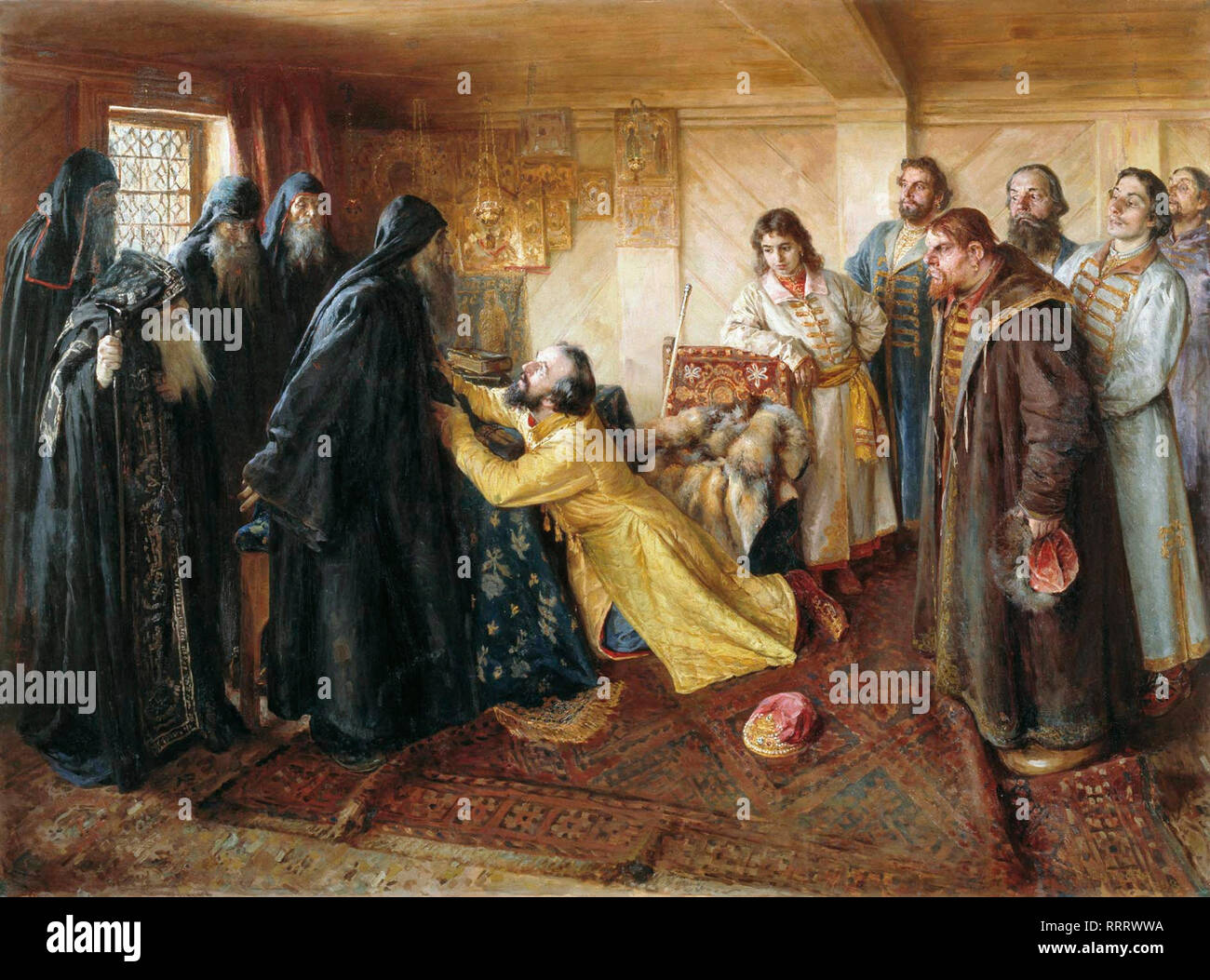 Lo Zar Ivan il Terribile chiede hiegumen Kornily ammetterlo in monaci - Klavdy Lebedev Foto Stock