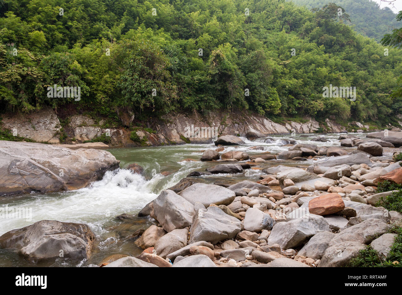 Un fiume scorre attraverso le rocce e alberi, Sa Pa, Vietnam Foto Stock