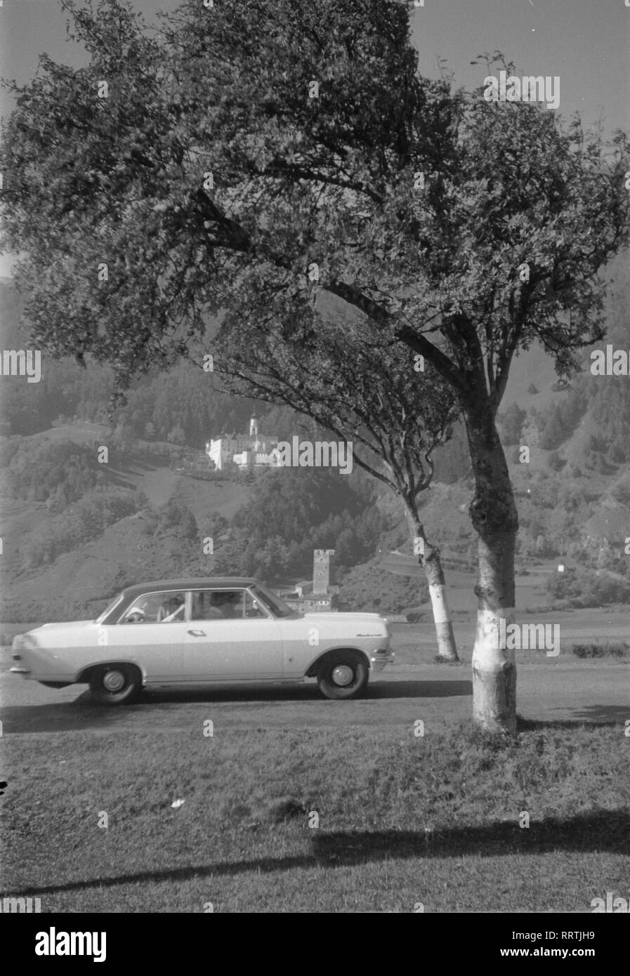 Auto - Landschaft, Bäume, Automobil, Strasse, Opel Rekord Foto Stock