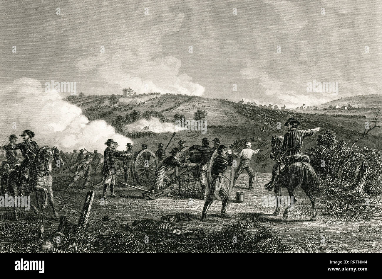 Guerra civile americana, Battaglia di Gettysburg, PA. Incisione in acciaio di J.R. Chapin, 1865 Foto Stock