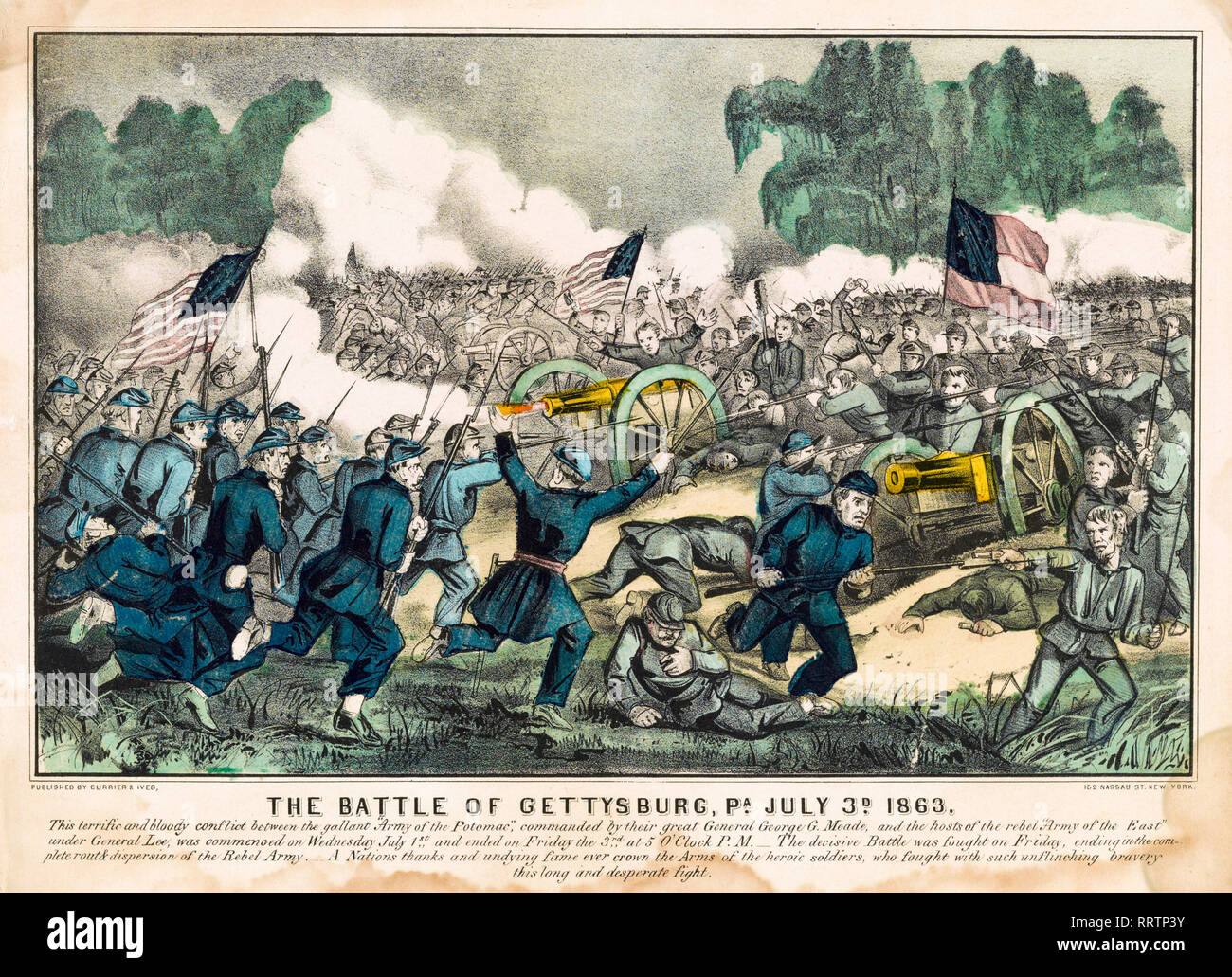 La battaglia di Gettysburg, PA, 3 luglio 1863, la Guerra Civile Americana litografia, colorate a mano da stampa Currier & Ives, 1863 Foto Stock