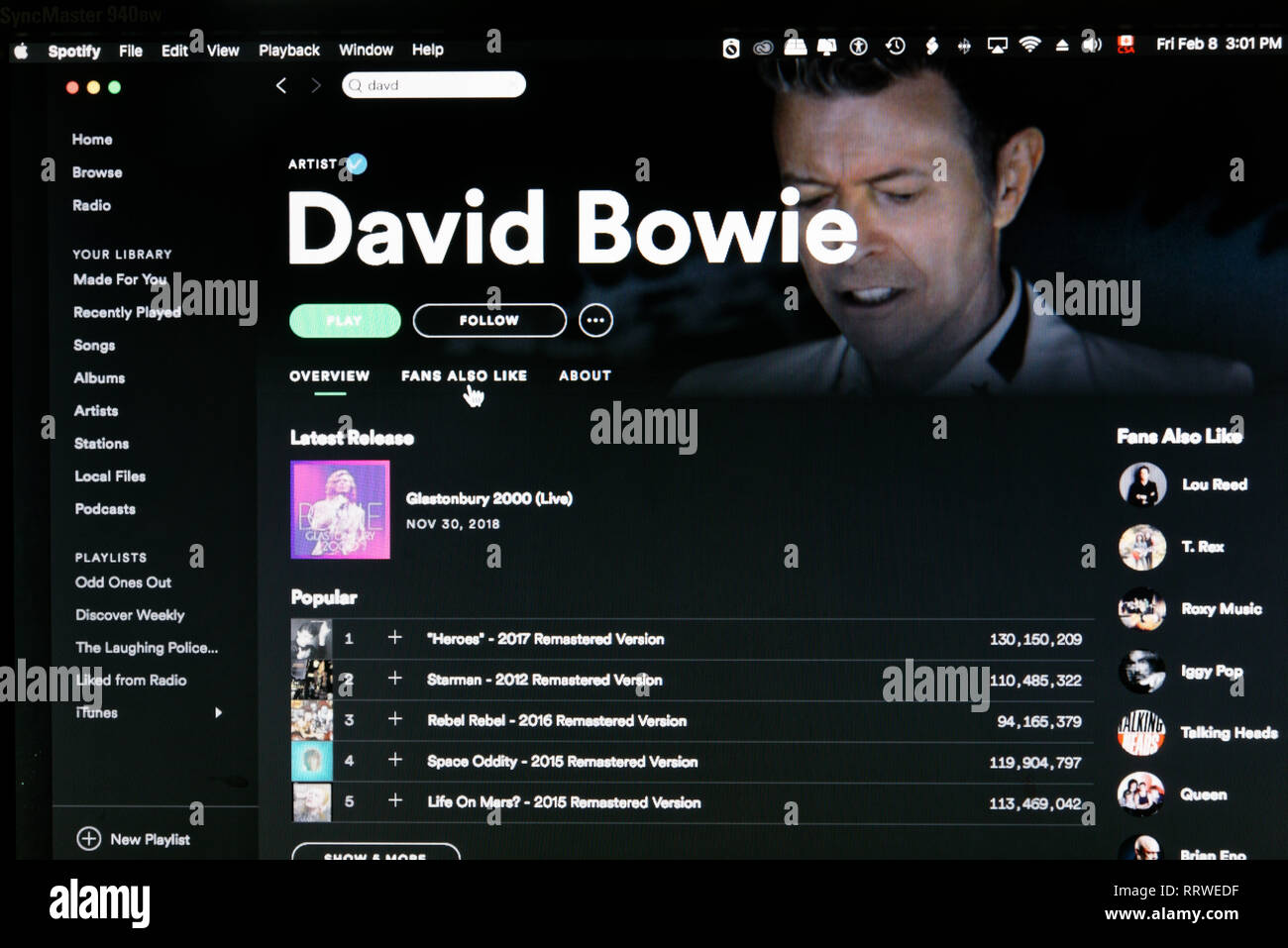 David Bowie Spotify artista home page Foto Stock
