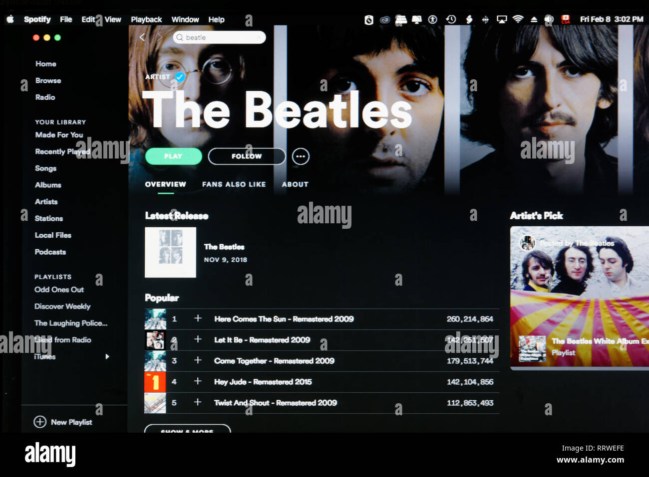 I Beatles Spotify home page Foto Stock