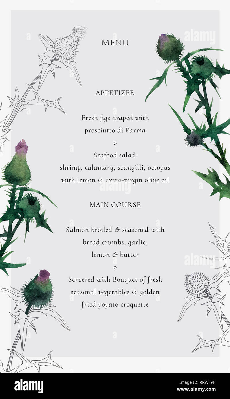Menu elegante modello con acquarello e incisione selvatici fiori di prato e il testo per il tuo design. Foto Stock