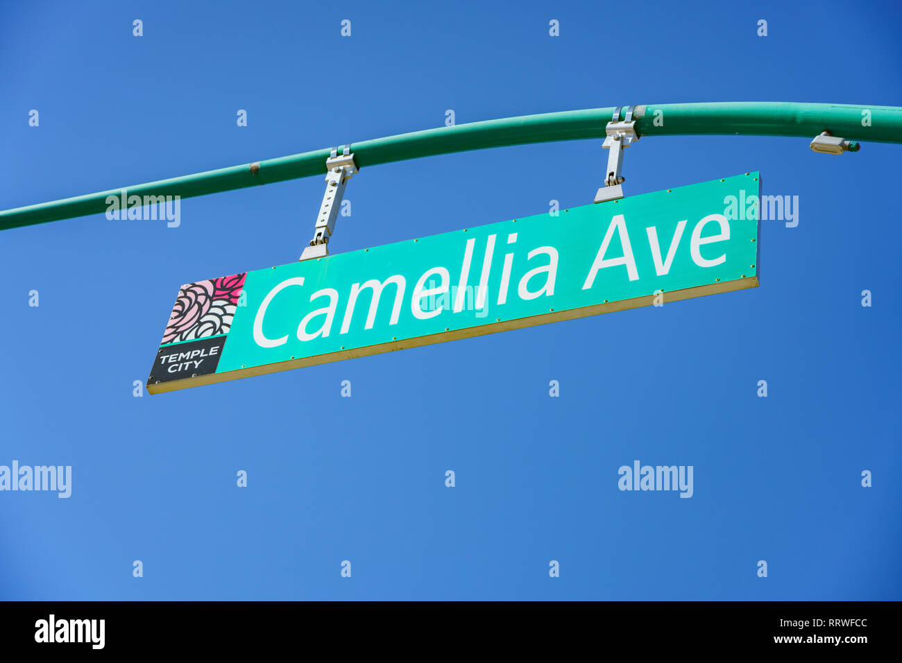 Segno della Camellia Ave a Tempio City, California Foto Stock