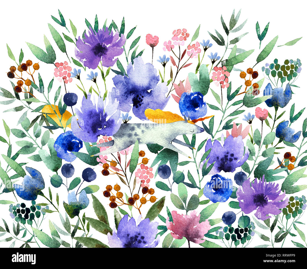 Bellissimo acquerello bouquet con unicorn isolati su sfondo bianco. Acquerello floreale bouquet per la progettazione, cartoline, insegne, emblemi, logo. Foto Stock